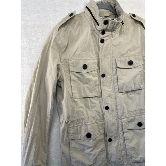 H&M Mens Coat Med Khaki Multi Pocket Button Jacket Hidden Hood Windbreaker *spot - Picture 14 of 15